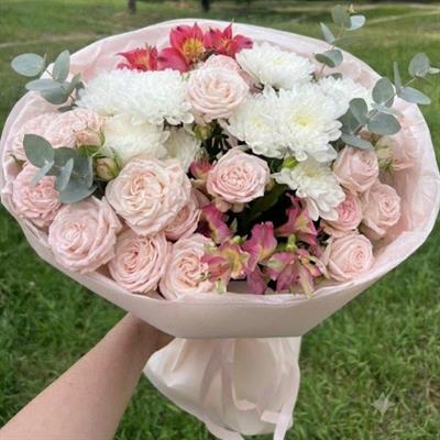 Bouquet of peony roses, spray chrysanthemums, and alstroemeria — "Peach Marshmallow"