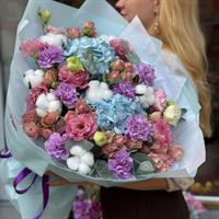 Букет із гортензії, бавовни, гвоздики та еустоми - Бавовняна ніжність фотозвіт 1
