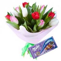 Bouquet of 11 tulips and chocolate.