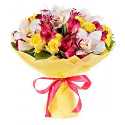 Wonderful bouquet of  orchids, alstroemeria, roses. Wonderful bouquet of  orchids, alstroemeria, roses.