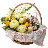 Basket with flowers and Easter eggs