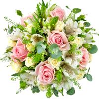 Composition of white alstroemeria and roses in a box. Composition of white alstroemeria and roses in a box.