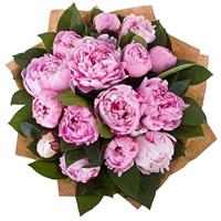 9 pink peonies in a basket