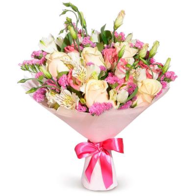A bouquet of statice, roses, alstromeria and eustoma A bouquet of statice, roses, alstromeria and eustoma