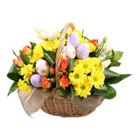 Easter basket with chrysanthemum, eustoma and rose