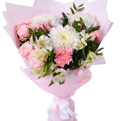 Delicate composition of chrysanthemum, peony roses, alstroemeria and carnation  Delicate composition of chrysanthemum, peony roses, alstroemeria and carnation