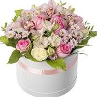Box with roses, orchids and alstromeria