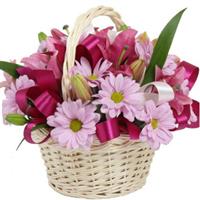 Basket of lilies and chrysanthemums