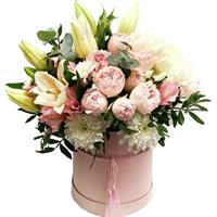 Box of lilies and chrysanthemums