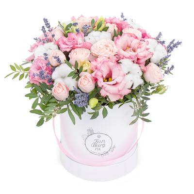 Composition of eustoma, spray rose and cotton  Composition of eustoma, spray rose and cotton