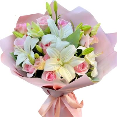 Delicate bouquet of lilies, roses and eustoma Delicate bouquet of lilies, roses and eustoma