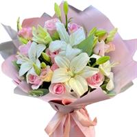 Bouquet of white lily, roses, and pink orchid