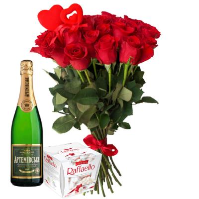 Roses with champagne and Rafaelo candy Roses with champagne and Rafaelo candy