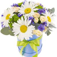 A box of delicate cornflowers, daisies, spray roses and chrysanthemums