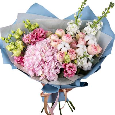 Gorgeous bouquet of hydrangeas, spray peony roses and delphinium Gorgeous bouquet of hydrangeas, spray peony roses and delphinium