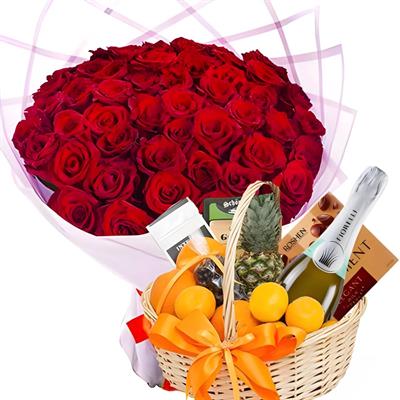 51 roses with a gift basket of sweets 51 roses with a gift basket of sweets