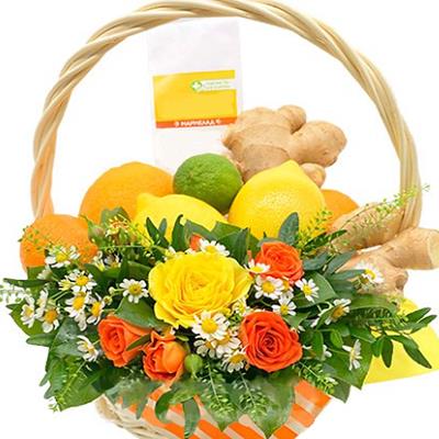 Basket with citrus fruits and flowers Basket with citrus fruits and flowers
