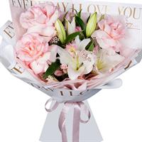 Bouquet of lilies, roses and alstroemeria