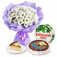 Букет из 7 белой ромашковой хризантемы и Киевский торт