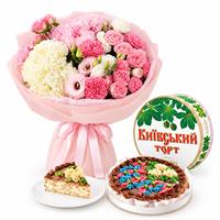 Букет из кустовой розы, гортензии и Киевский торт