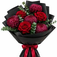Bouquet of red roses and chrysanthemums