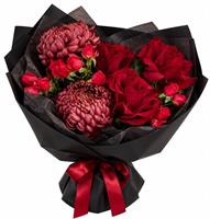 A bouquet of roses and chrysanthemums