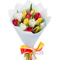 Bright bouquet of 15 multicolored tulips 