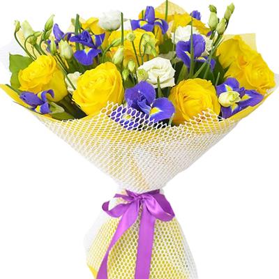 Bouquet of roses and blue irises Bouquet of roses and blue irises