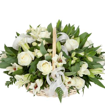 Basket with white lilies and roses Basket with white lilies and roses