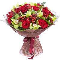 Bouquet of red roses and orchids