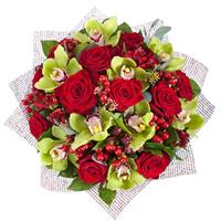 Bouquet of red roses and orchids