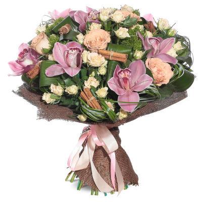 Bouquet with orchids, roses and cinnamon Bouquet with orchids, roses and cinnamon
