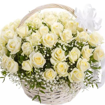 Basket with 51 roses and gypsophila Basket with 51 roses and gypsophila