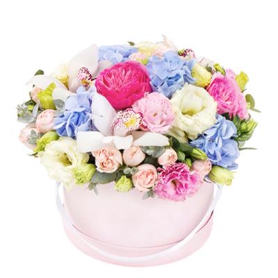 Box of eustoma, hydrangea, orchid and pion-shaped rose Box of eustoma, hydrangea, orchid and pion-shaped rose
