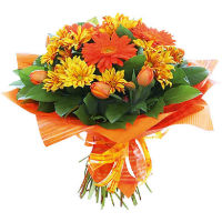 Bouquet of orange gerberas, red tulips and yellow chrysanthemum