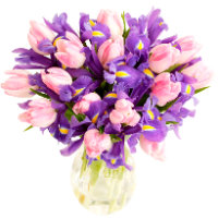 Bouquet of pink tulips and purple irises