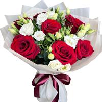 Stylish bouquet of roses and eustomas