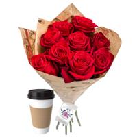 Нежные 9 красных роз с чашечкой кофе
