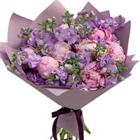 Original bouquet of peonies and matthiola