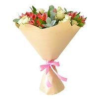 Bright bouquet of alstroemeria and bush roses