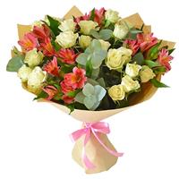 Bright bouquet of alstroemeria and bush roses