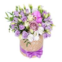 Box with eustoma, orchid and roses