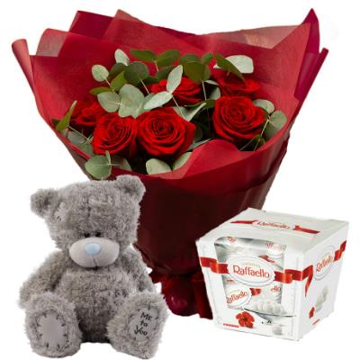 Bouquet of 7 roses, a teddy bear Bouquet of 7 roses, a teddy bear