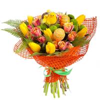 Easter bouquet of tulips, chrysanthemums and roses