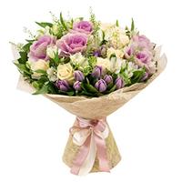 Bouquet of roses, tulips and Alstroemeria