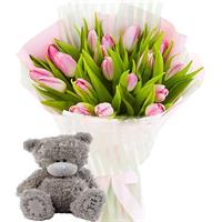 Bouquet of tulips with teddy bear