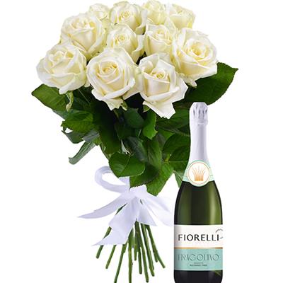11 белых роз и  шампанское в подарок