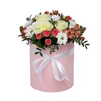 Mix of roses and chrysanthemums in a box