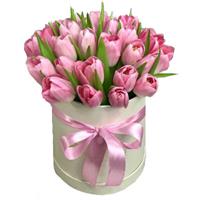 25 pink tulips in a hat box